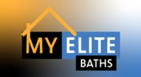 Logo: "My Elite Baths" text with house outline; gold, black, blue background.