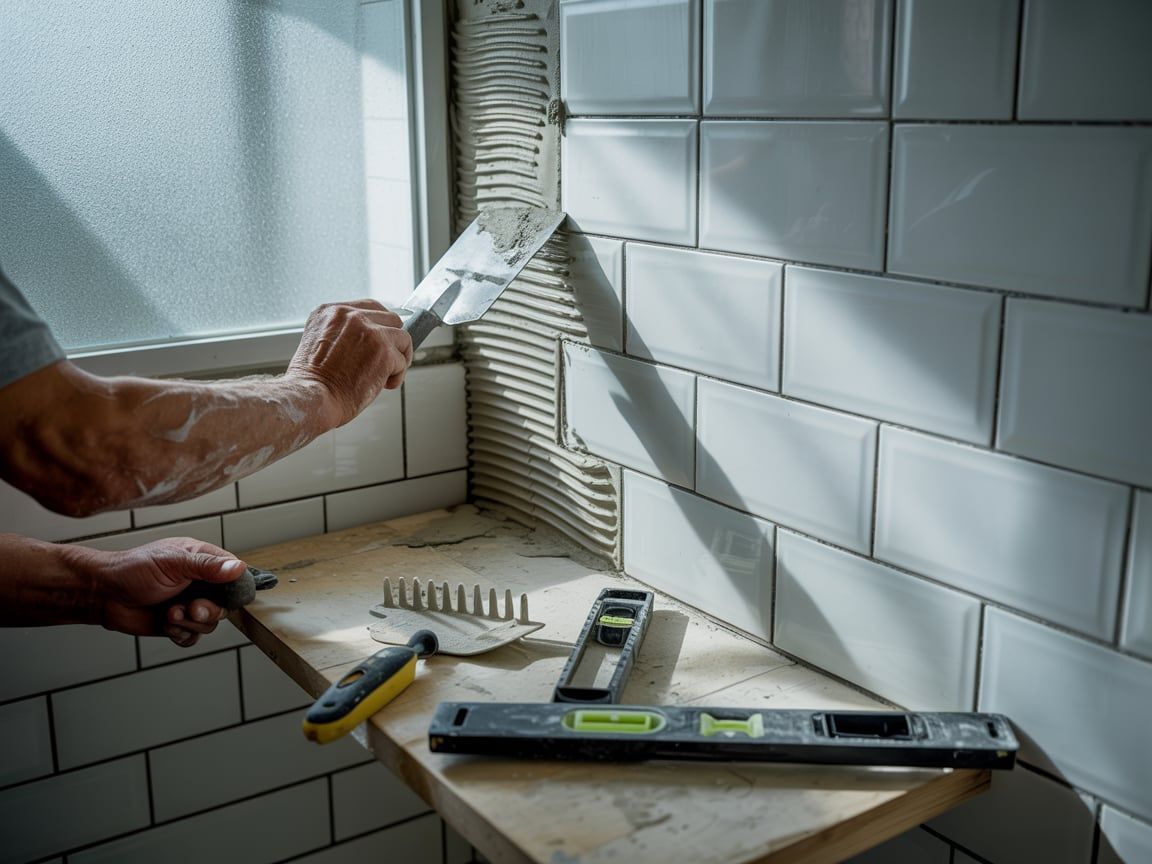 Man tiling wall with a trowel, near a window. Tools and tiles visible.