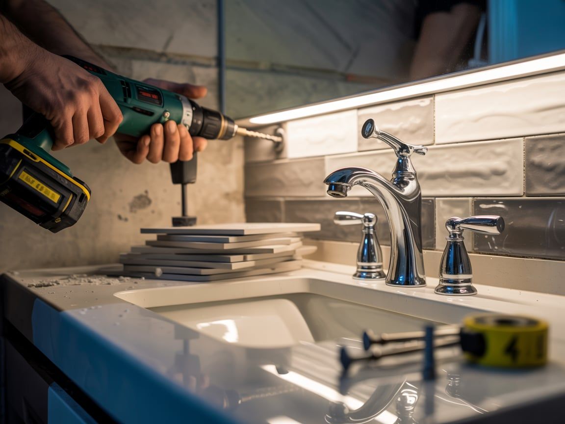 Person using a drill to install something in a bathroom with a sink, faucet, and tiles.
