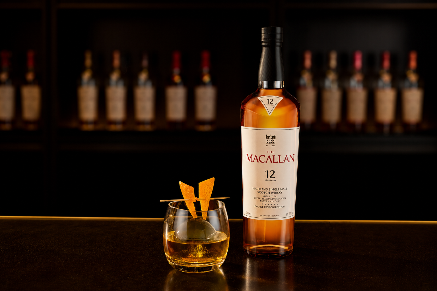 Whisky bottle and cocktail with orange peel on a bar, with blurred bottles in the background