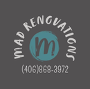 Logo for Mad Renovations, gray background, teal circle with "m" inside, text "MAD RENOVATIONS", phone number.