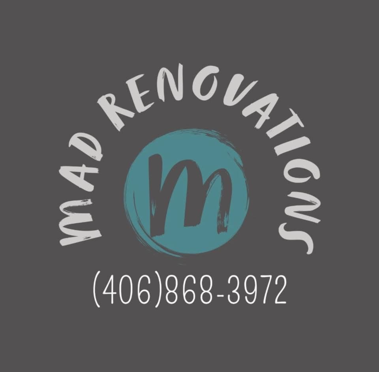 Logo for Mad Renovations, gray background, teal circle with "m" inside, text "MAD RENOVATIONS", phone number.