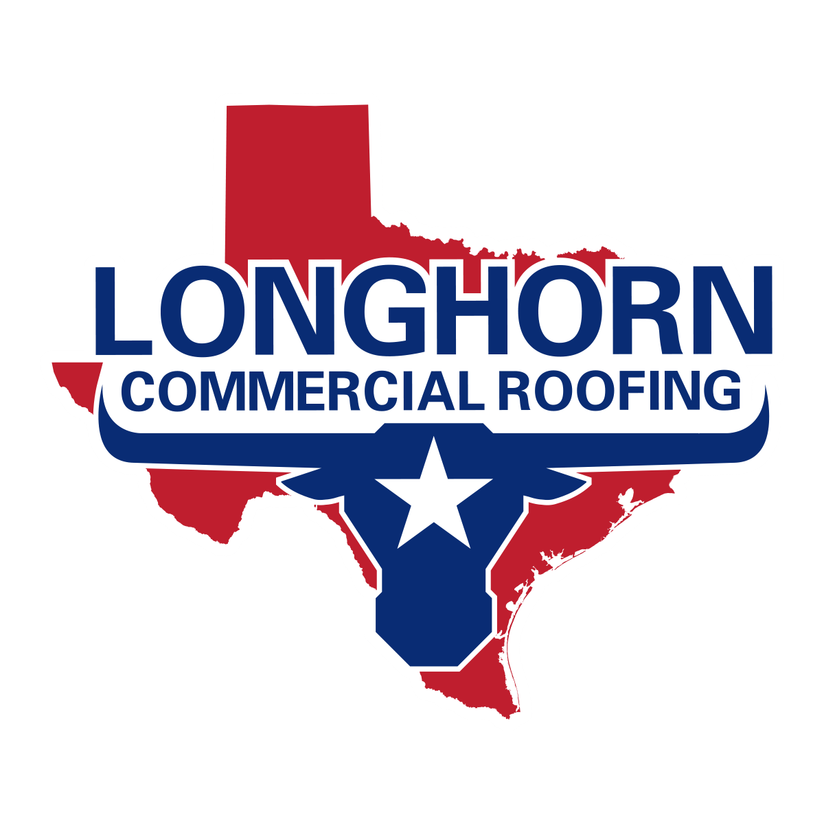 The logo for longhorn commercial roofing is a texas map with a bull and a star.