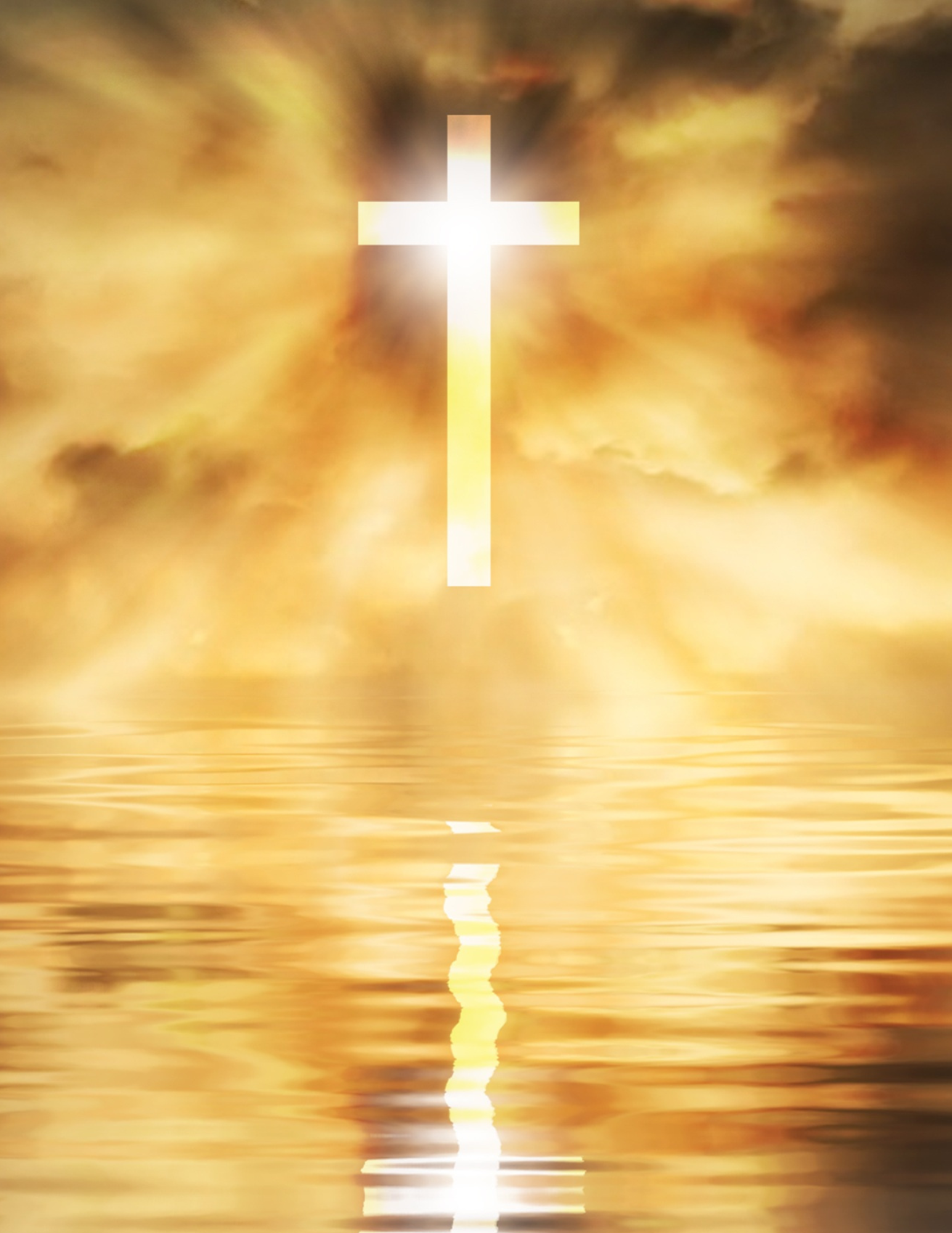 A glowing cross shines in a hazy, golden sky above a shimmering body of water reflecting the light.