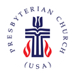 Presbyterian Church (USA) logo: cross with flames, blue and red, surrounded by text in a circle.
