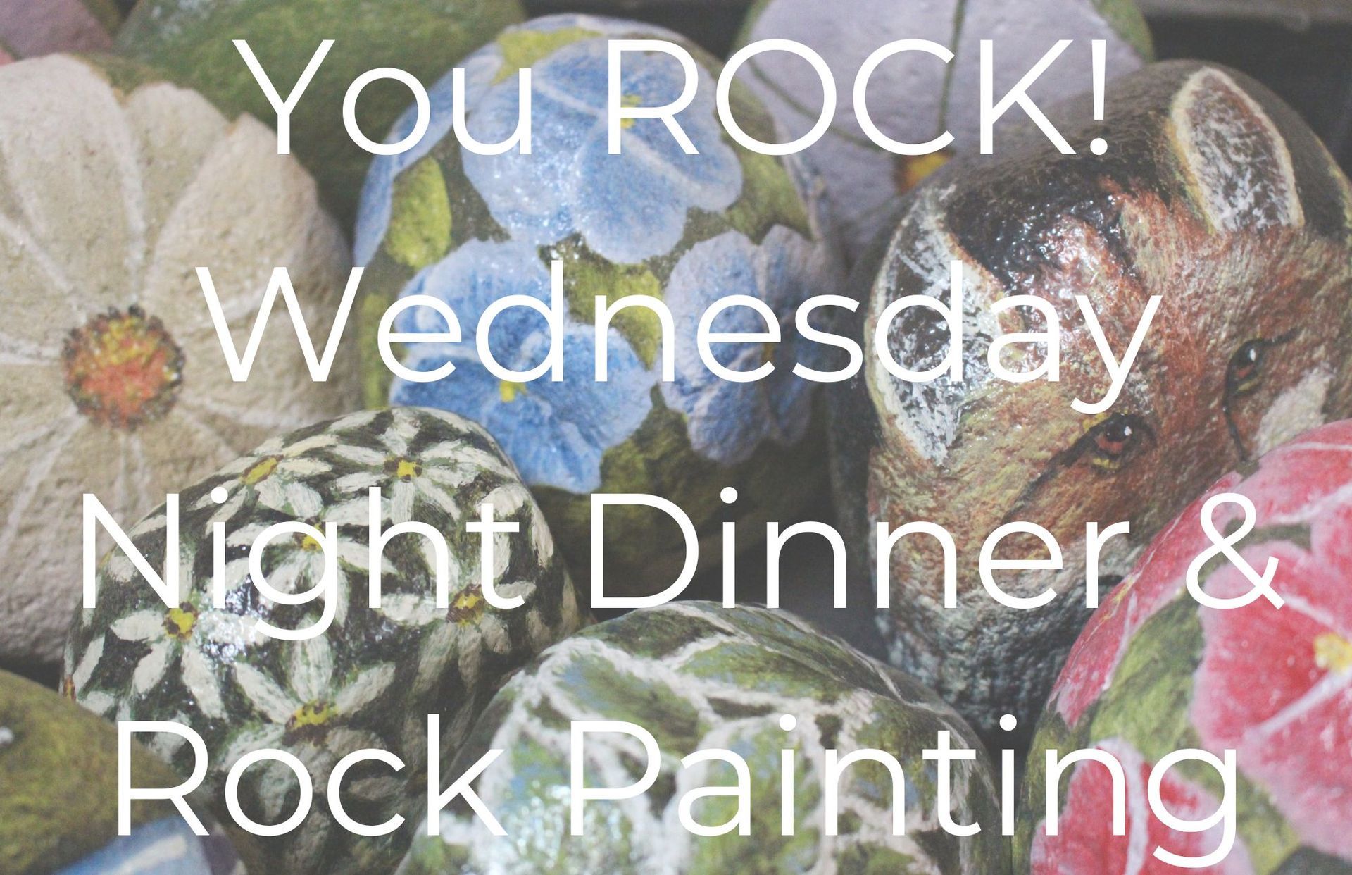 Rocks painted with floral and animal designs, text 
