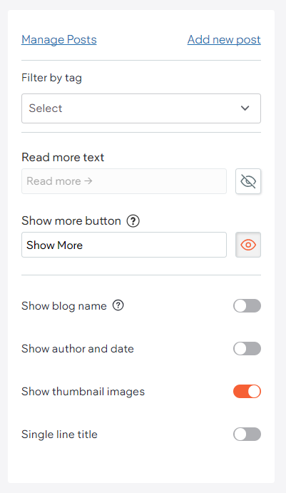 Blog post management options, including tag filter,