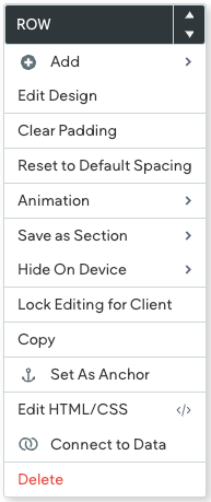 Menu with options: Add, Edit Design, Clear Padding, Delete, and more.