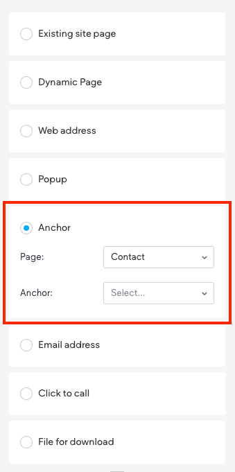 Interface showing options to link to an anchor on a 