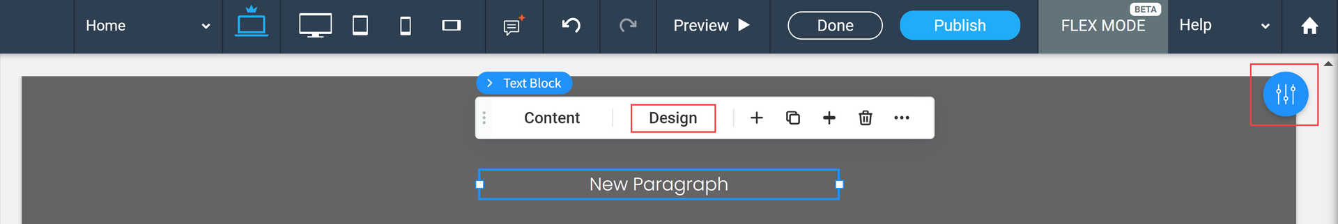 A user interface with a dark gray background and a button bar at the top; a menu appears.