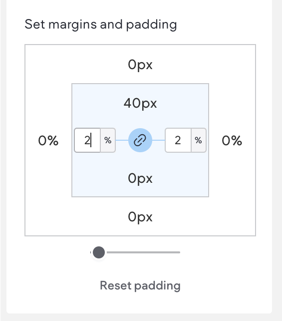 UI for setting margins and padding, with visual indicators and input fields for adjustments.