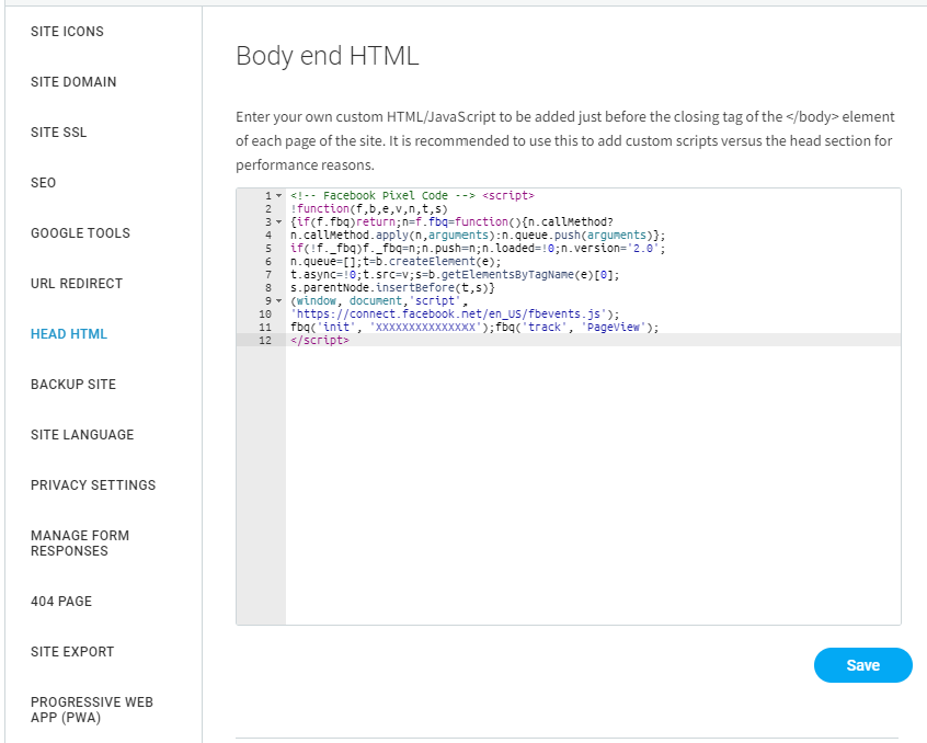 Screenshot of a webpage showing a text editor with HTML code, likely for website tracking, titled 