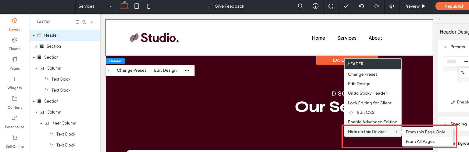 Web design software interface, dropdown menu shows
