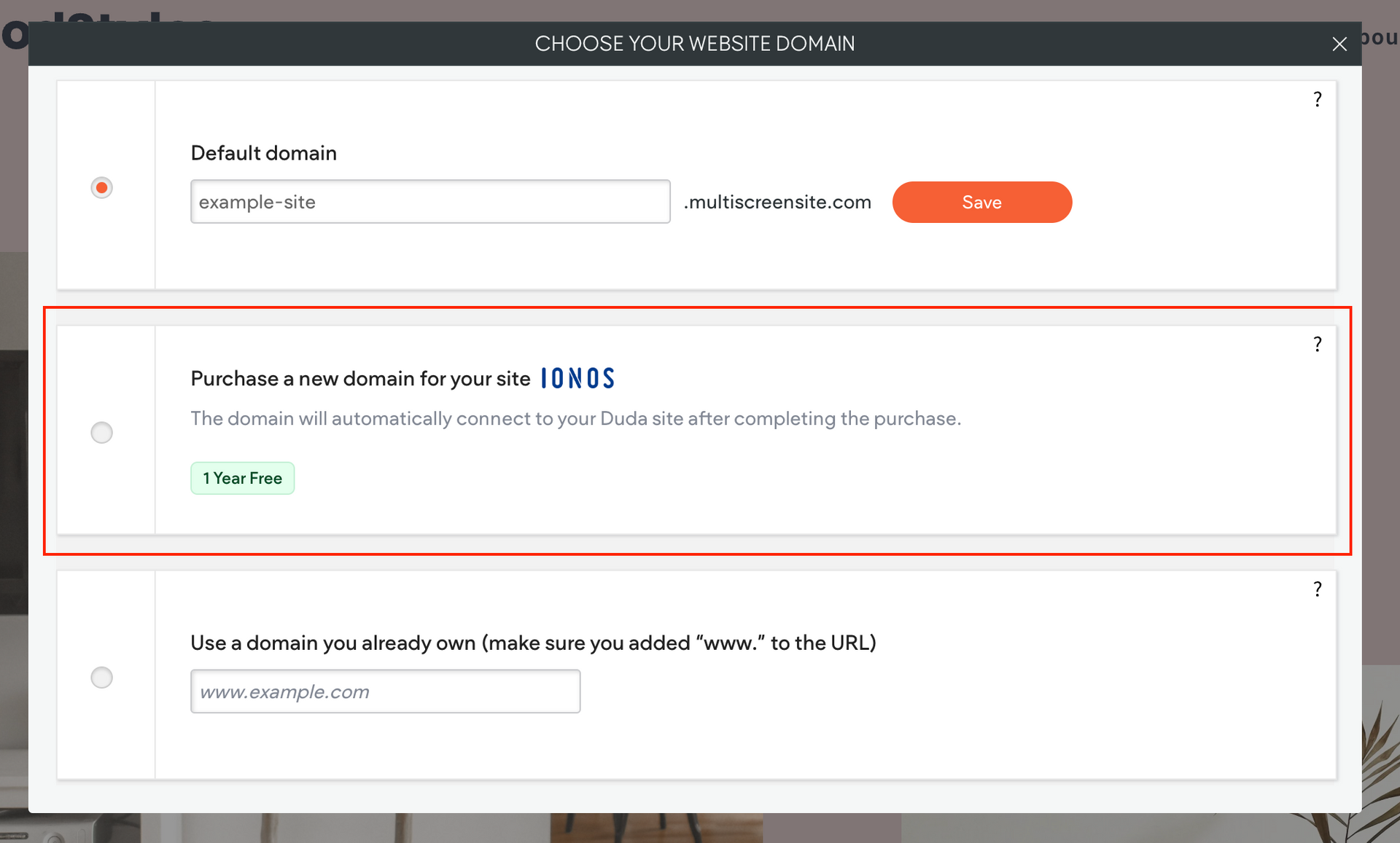 Screenshot of a webpage, domain choices. Purchase a new domain, or use an existing domain.