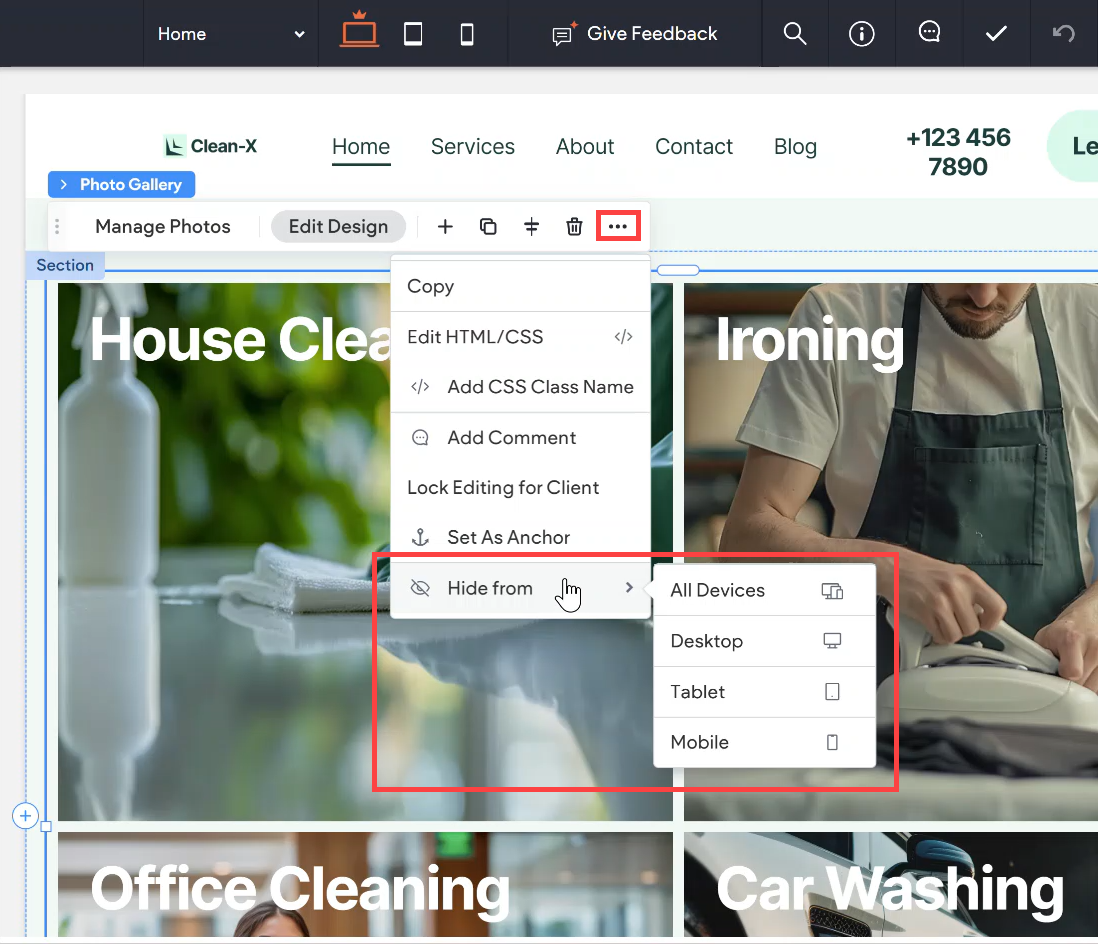 Website editing interface with the 