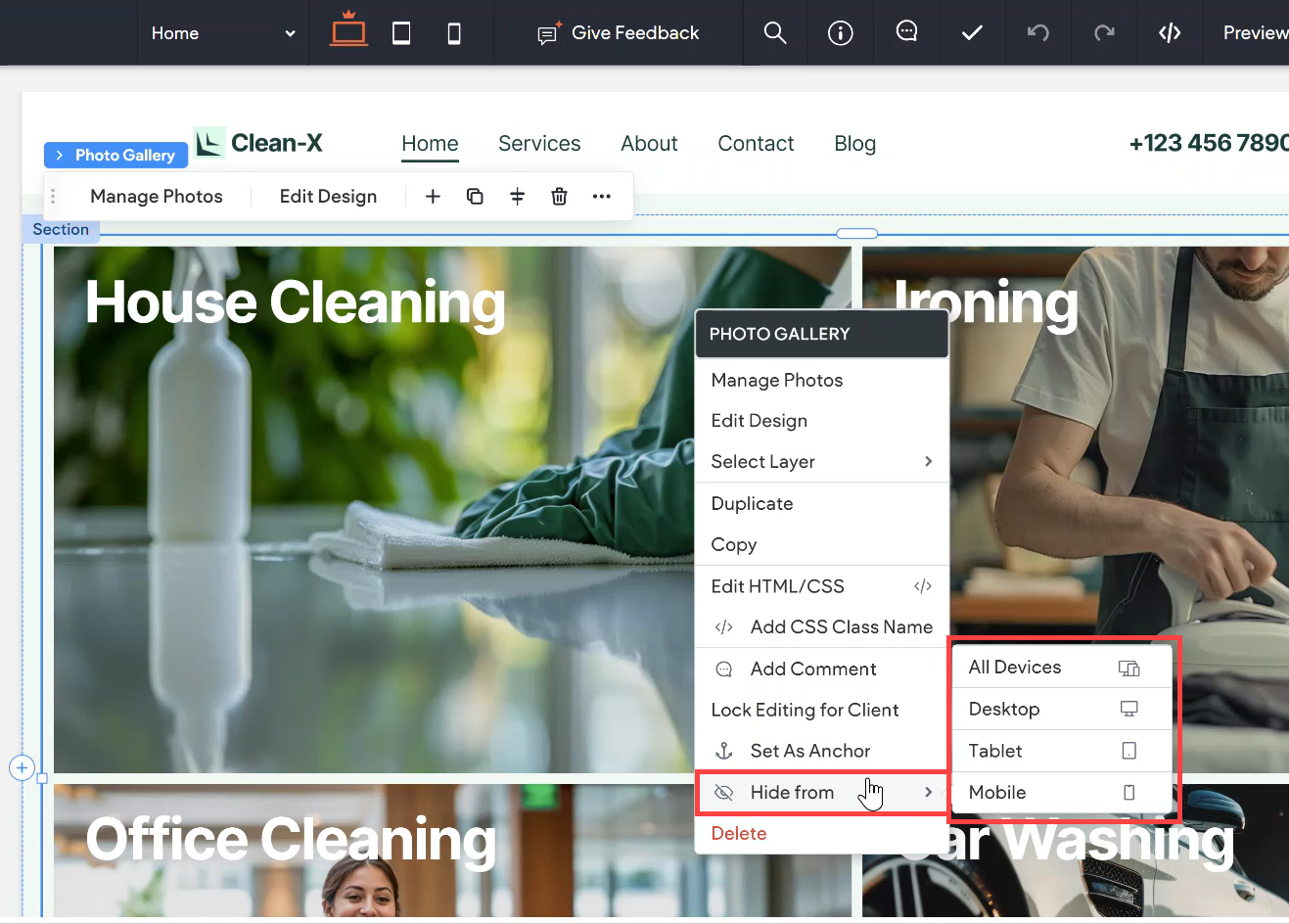 Website editing interface with a pop-up menu showing 