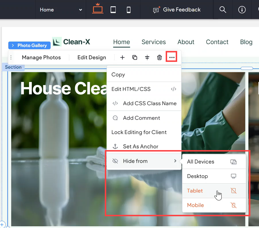 Screenshot of a website editor with a menu showing options to hide a section from different devices.