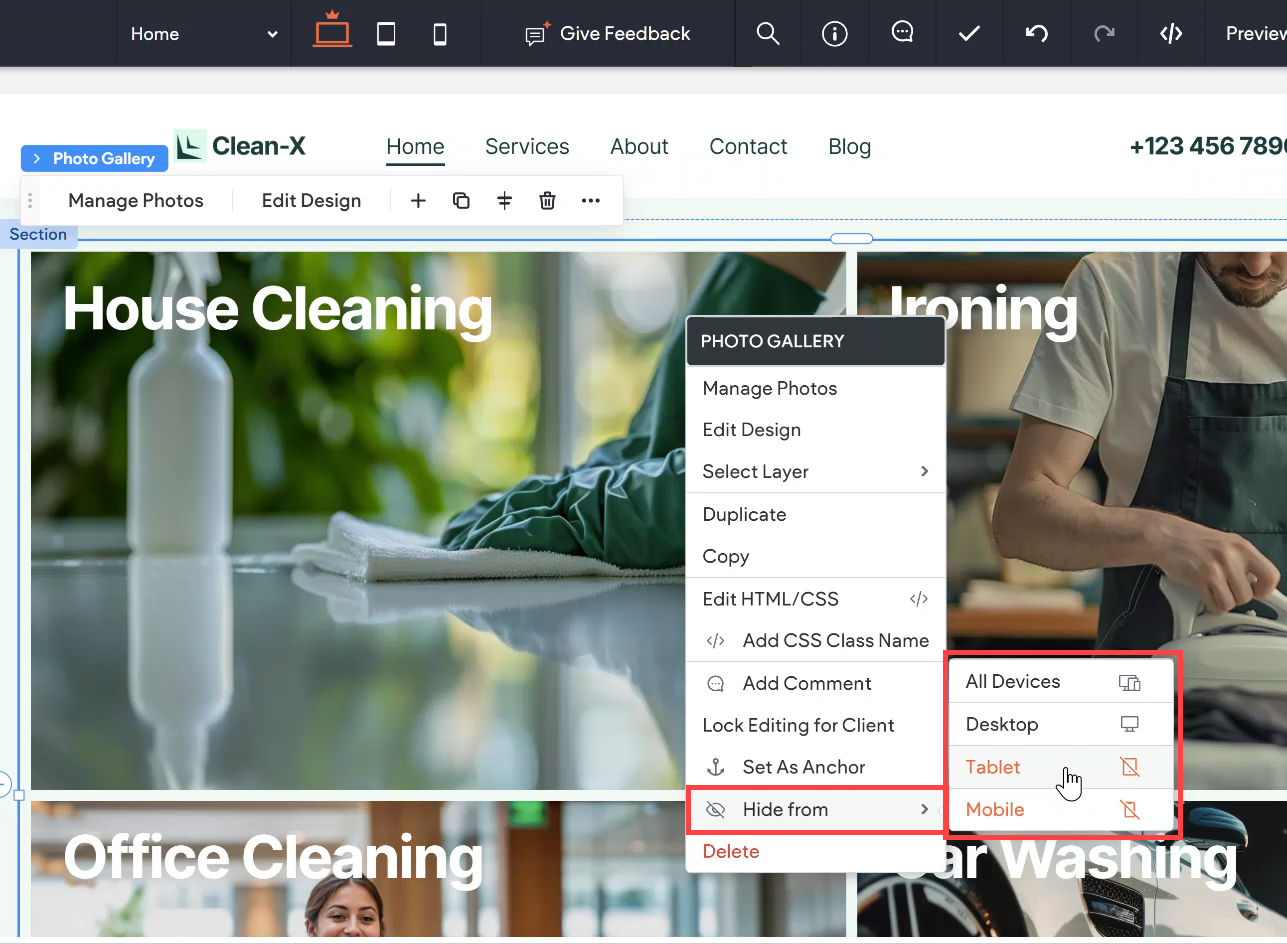Website editing interface with context menu opened. Options include “Duplicate”, and “Preview”.