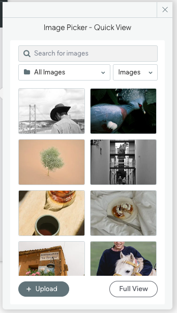 Image picker interface with thumbnails of various photos.