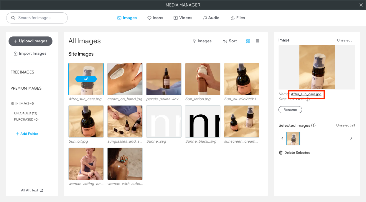 Web interface showing image of a brown spray bottle with a white label, with thumbnails of related images.