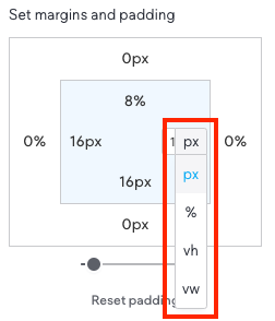 Interface for setting margins and padding, with options for px, %, vh, and vw units.