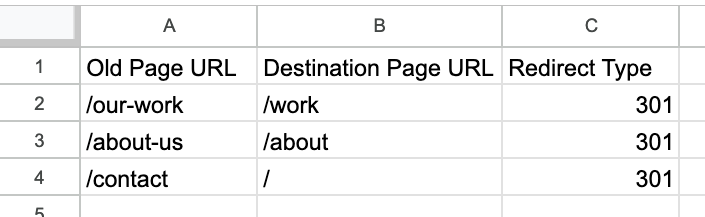 Spreadsheet showing old and destination URLs with redirect type 301.