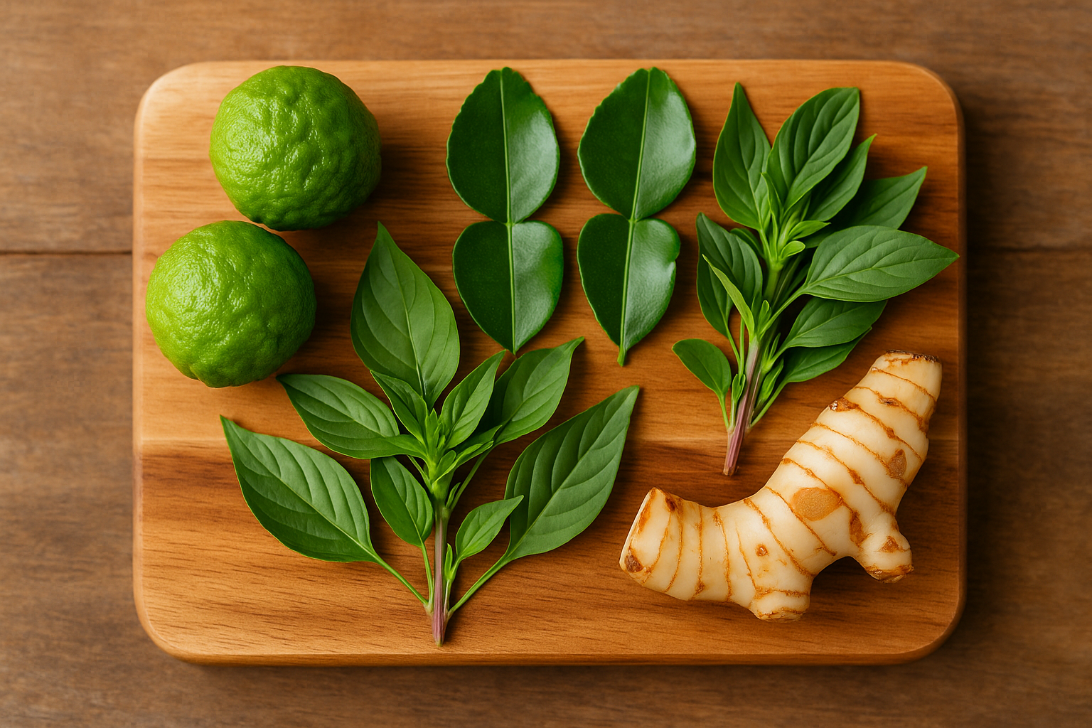 kafir lime, basil and galangal on cutting board