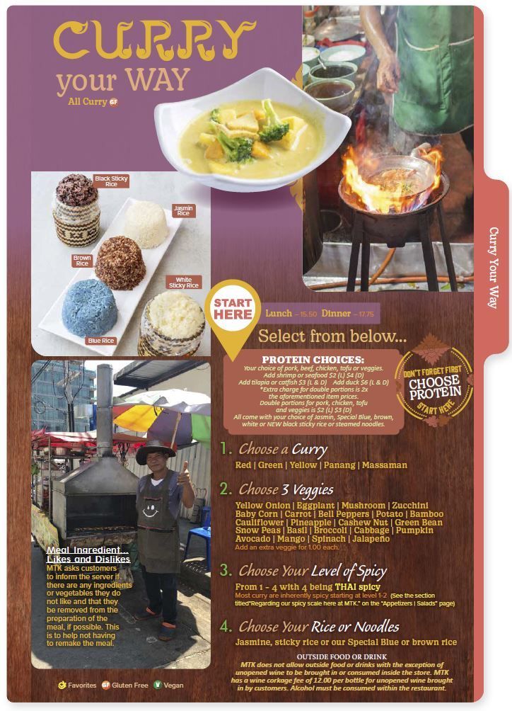 My thai kitchen curry your way menu  page with photos of ingredients, dishes, and cooking process.