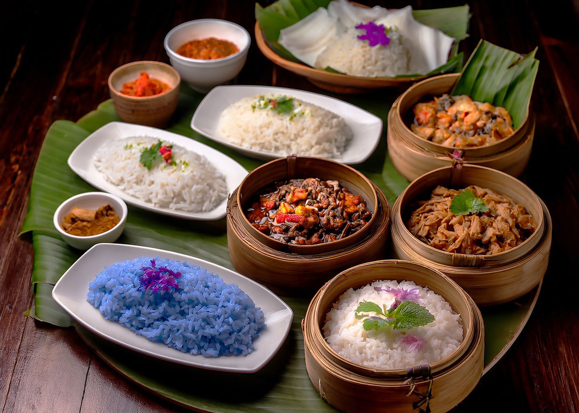 Assorted Southeast Asian dishes served on a banana leaf, including rice, meats, and colorful garnishes.