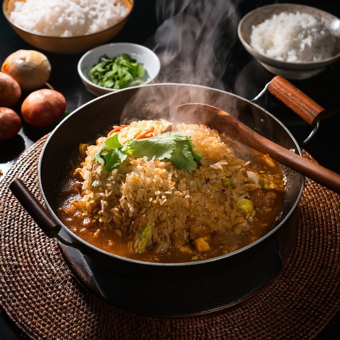 Steaming fried rice dish in wok, with bowls of rice and garnishes on a table.