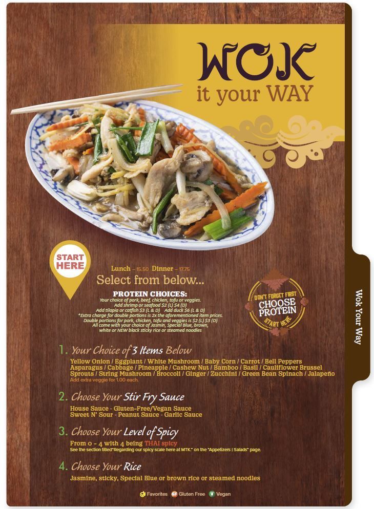 Wok it your way menu section from my thai kitchen's menu with a picture of a wok cuisine dish. Red/brown background, includes text, food photo, and tab.