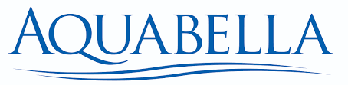 The aquabella logo is blue and white with a wave in the middle.