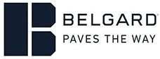 The logo for belgard paves the way is a black and white logo on a white background.