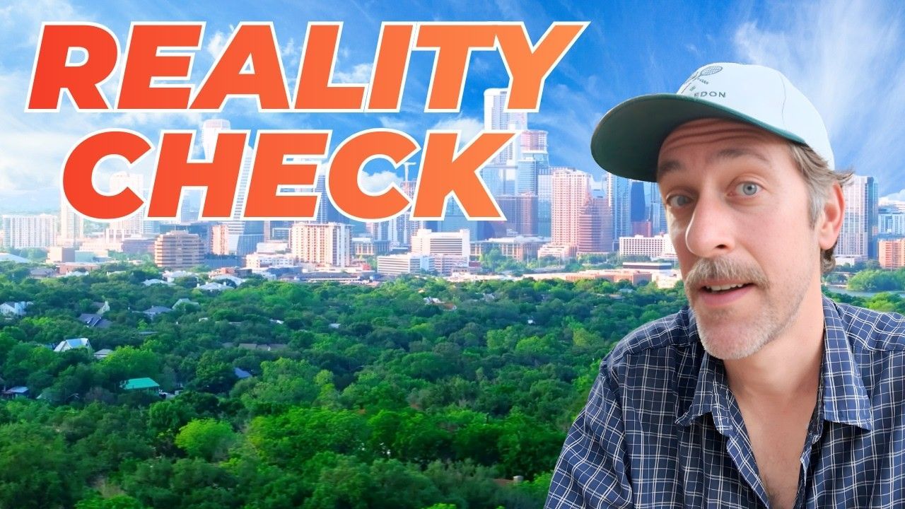 A person in a patterned shirt and baseball cap appears before a background of a forest and city skyline with 