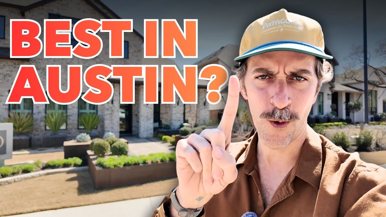 A person wearing a baseball cap gestures upward with one finger in front of a house, with the text 