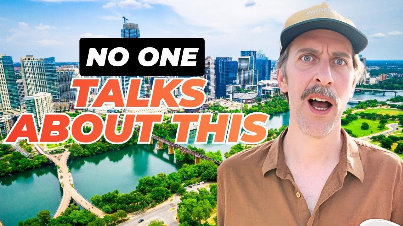 A man with a surprised expression stands before a backdrop of the Austin skyline, with text overlay reading 