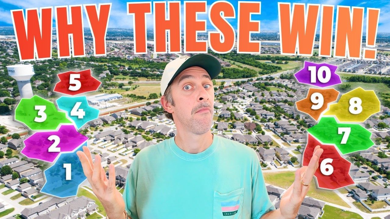 Man in cap gestures to colorful numbered areas over suburban aerial view.