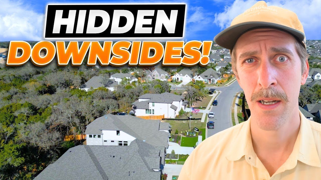 Man with mustache in hat, concerned expression, over housing development with text 
