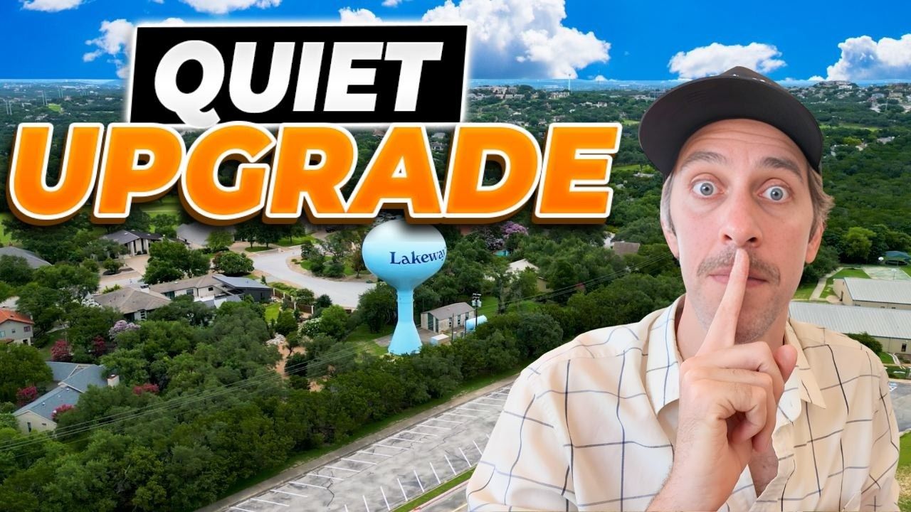 Man with finger to his lips in front of a scenic town with a water tower. Title: