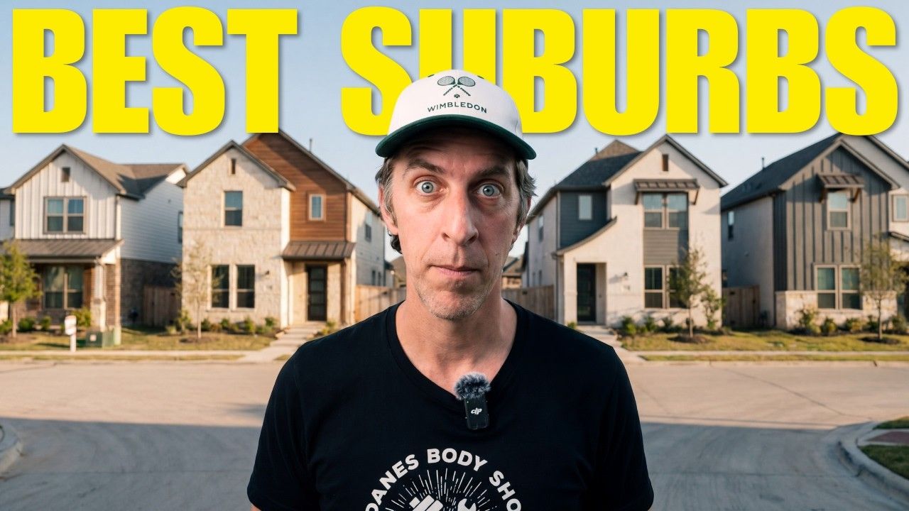 Man in cap before suburban houses with bold yellow text “BEST SUBURBS” above him