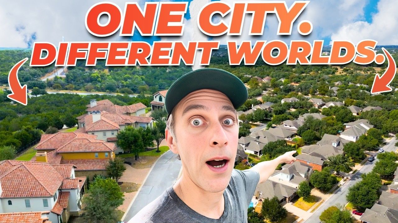 Vlogger over aerial cityscape with bold text “ONE CITY. DIFFERENT WORLDS.”