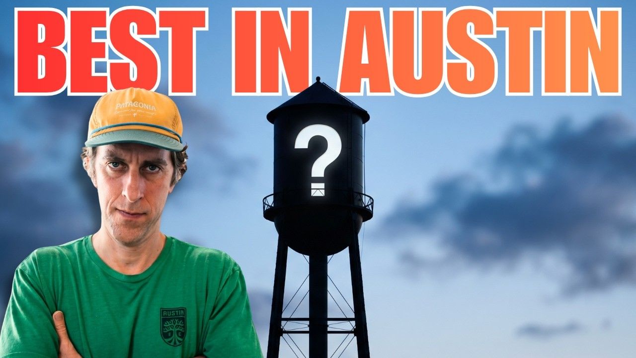 “BEST IN AUSTIN” text over a person in a green shirt beside a water tower with a question mark at dusk
