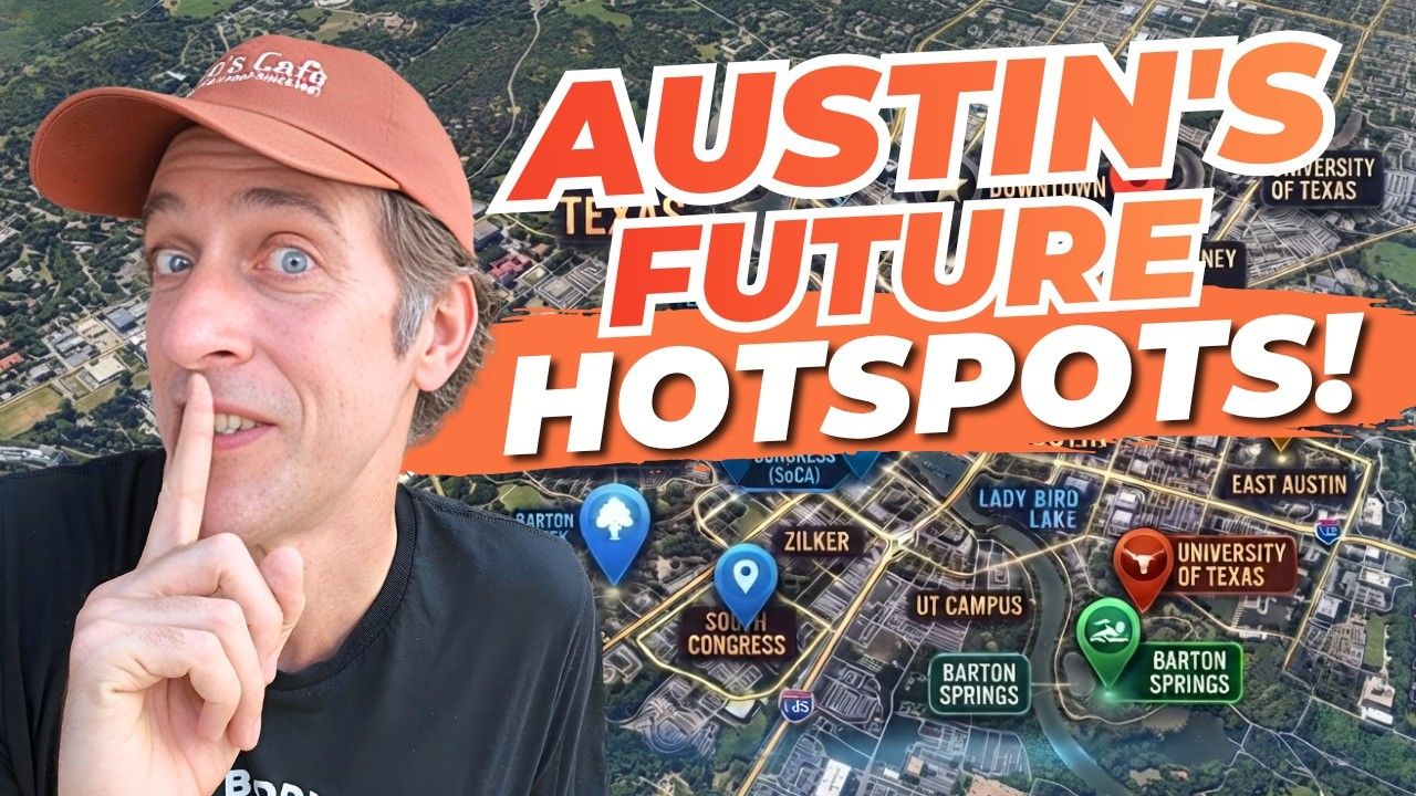 Man in orange cap shushing beside map graphic reading “Austin’s Future Hotspots!”