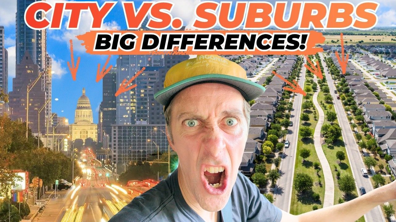 “City vs. Suburbs: Big Differences!” thumbnail with a surprised man between a city skyline and suburban houses