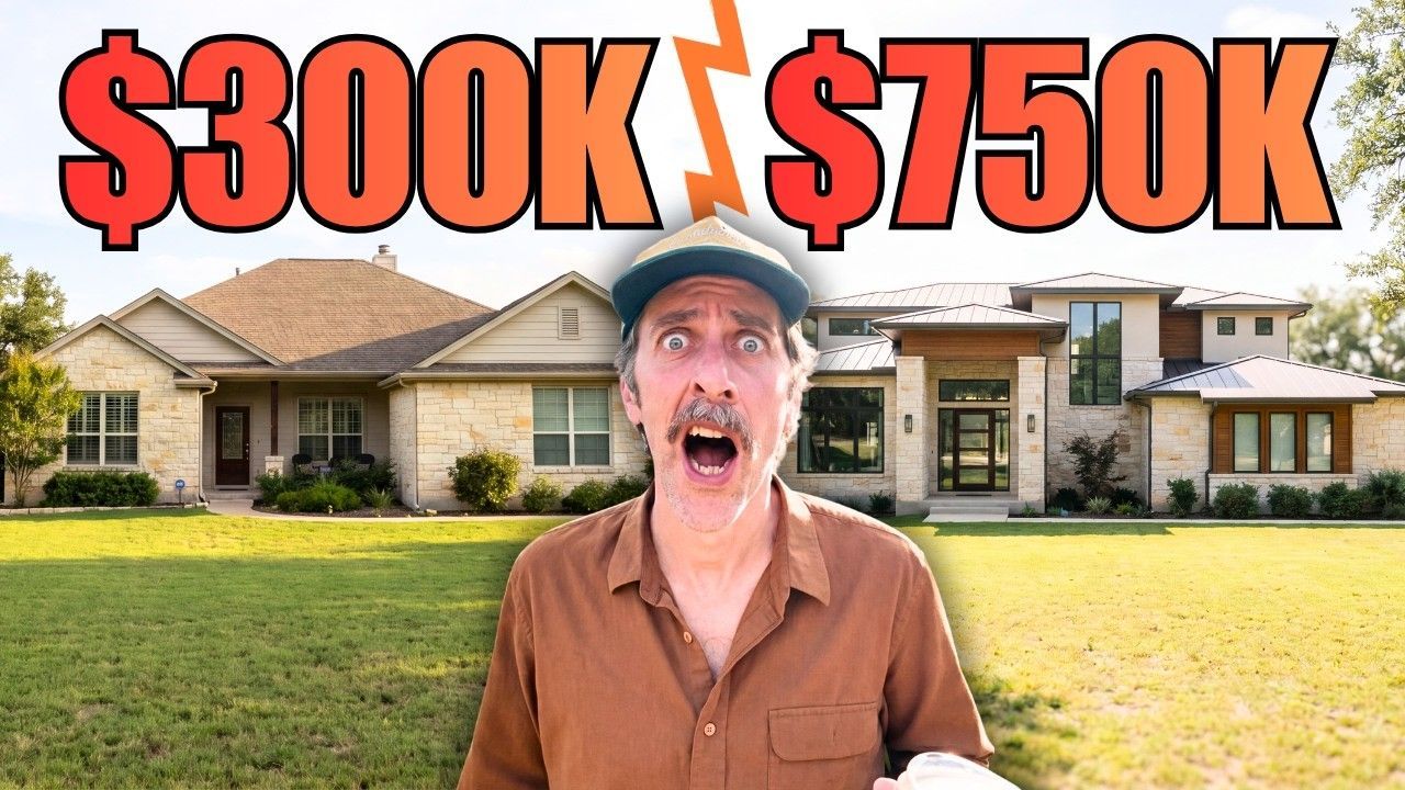Man shocked in front of two suburban houses labeled “$300K” and “$750K”