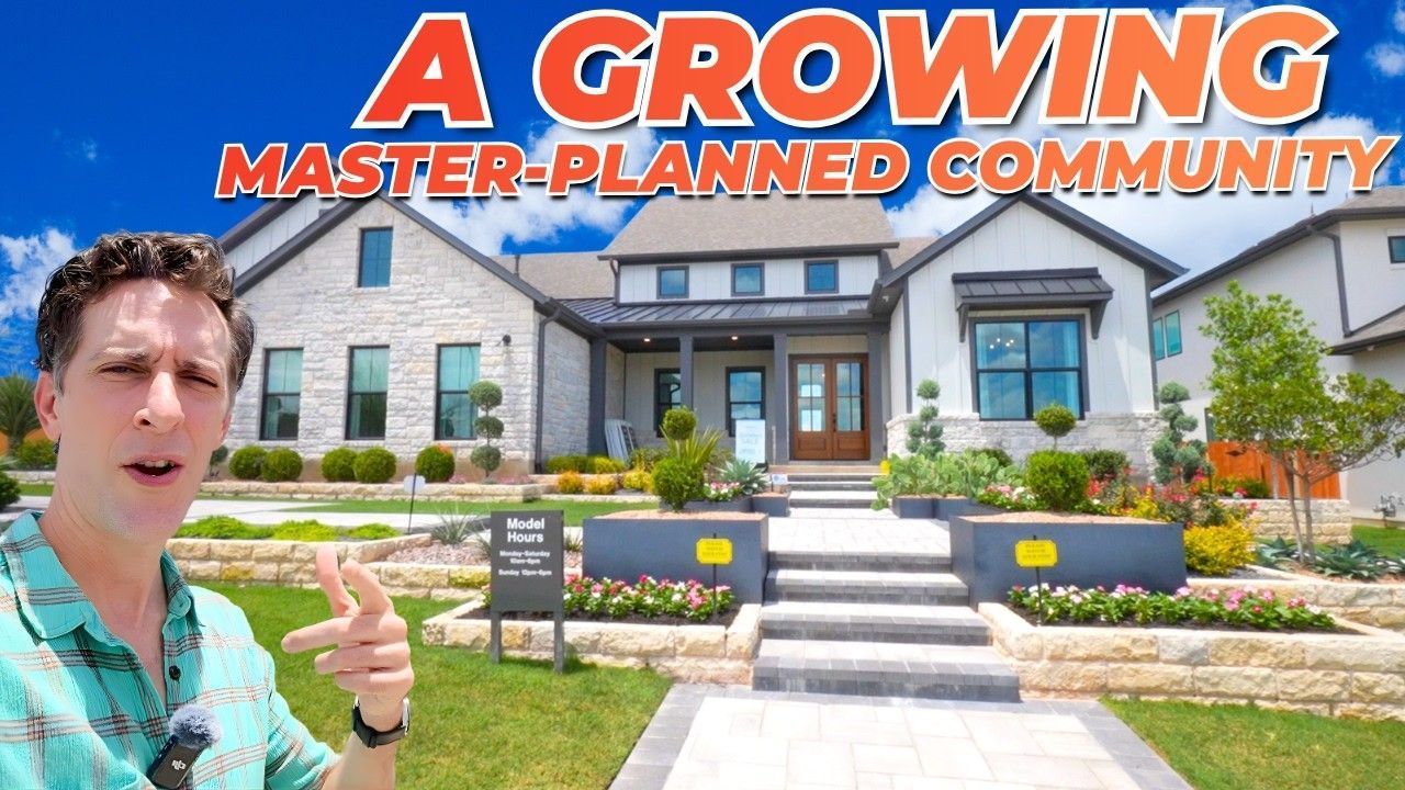 Man standing before modern houses with “A GROWING MASTER-PLANNED COMMUNITY” text overlay