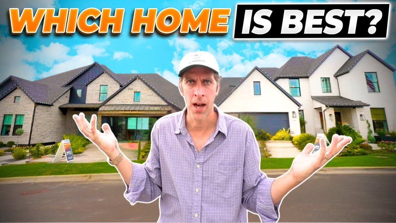 Man standing in front of two houses, arms out. Text