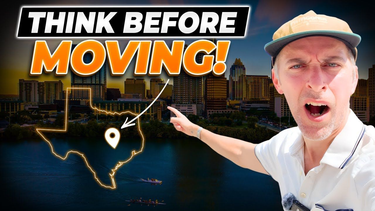 Man pointing to a map of Texas, with a city skyline in the background. Text reads