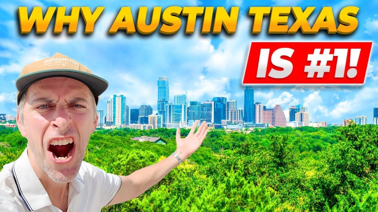 Man in hat with open mouth and pointing arm, Austin, Texas skyline in background. Text: