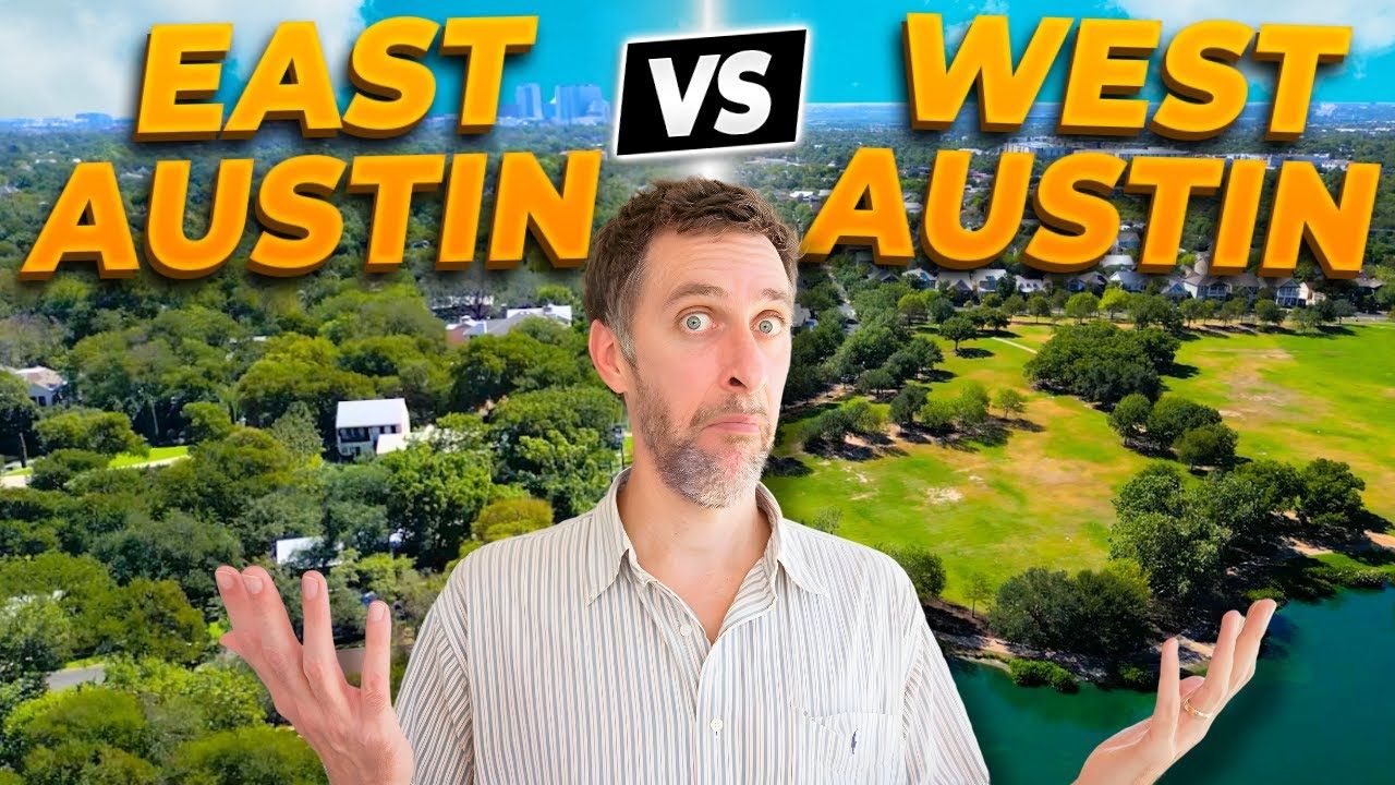 Man with bewildered expression, standing between aerial views of East and West Austin, comparing the two.